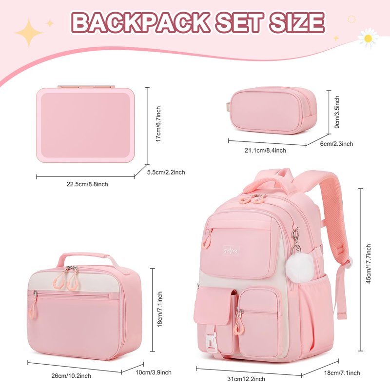 Scothen 5pcs Girls Backpack Set, Kids Backpacks for School with 43OZ Bento Lunch Box, Lunch Bag for Girls Kids Teens Elementary Middle School Student, Back To School Gift