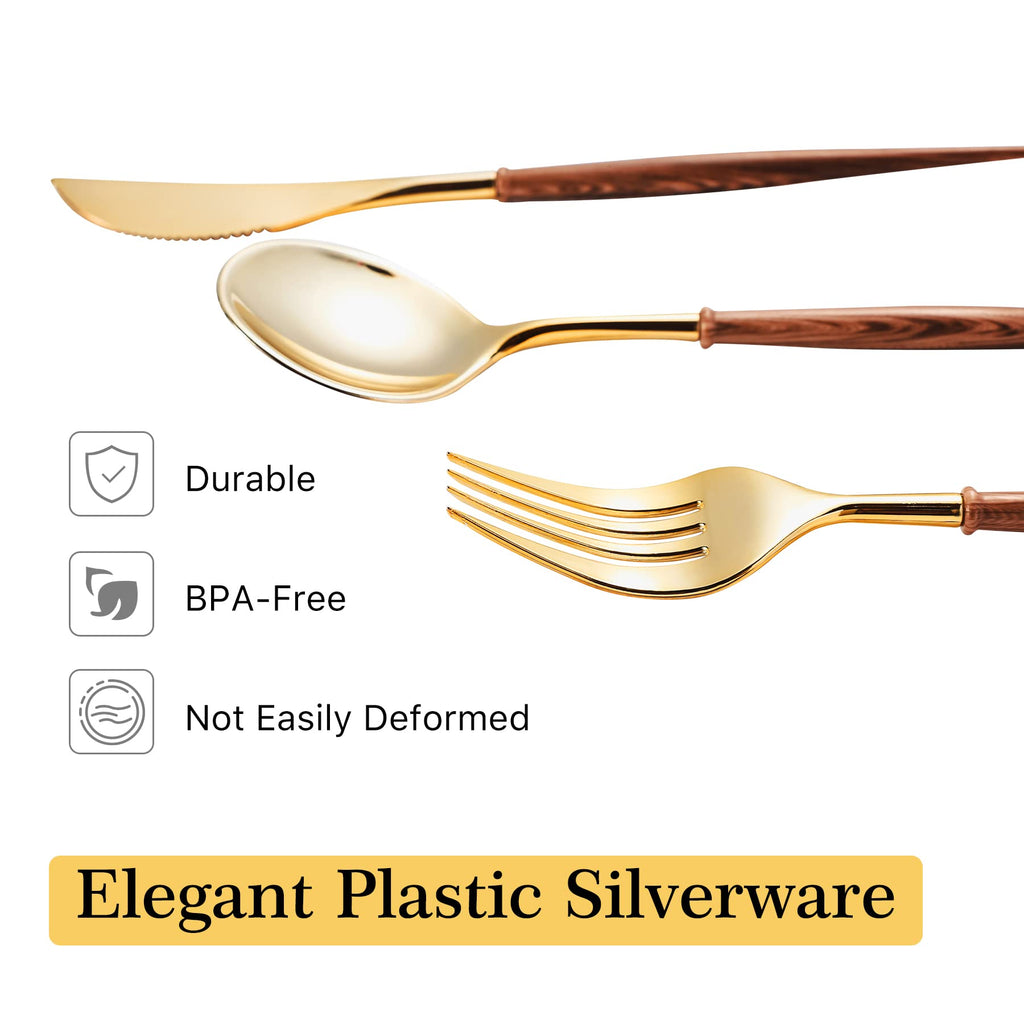 Lullaby 60pcs Gold Plastic Silverware, Gold Disposable Cutlery with Wood Grain Handle Include 20 Forks, 20 Spoons, 20 Knives, Elegant Disposable Silverware for Wedding, Party, Gathering, Daily Use