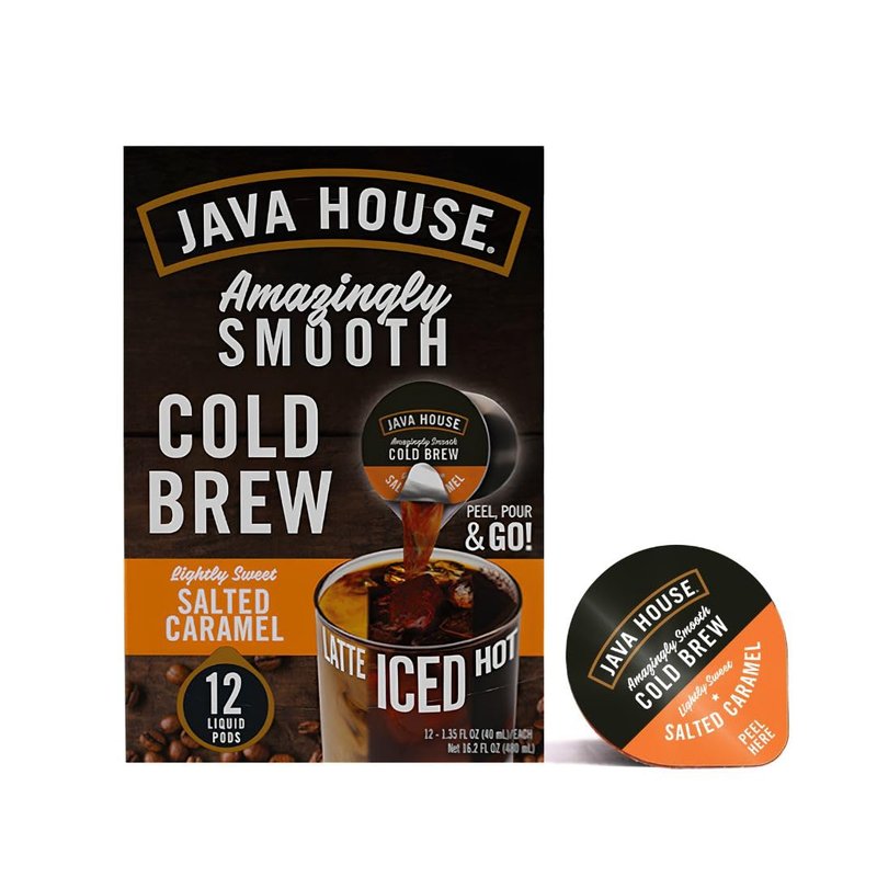JAVA HOUSE Salted Caramel Lightly Sweet Cold Brew Coffee Pods, (48 Count) Peel and Pour Pods Hot or Iced