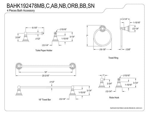 Kingston Brass BAHK192478MB American Classic Bathroom Hardware Set, Matte Black 18 x 7 x 3.25