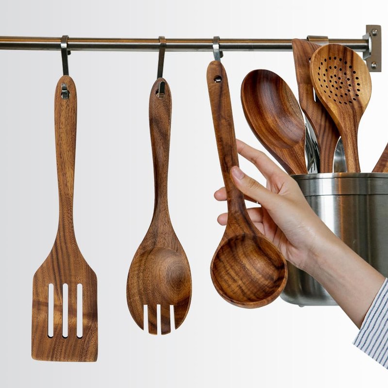 8 Pieces Wooden Spoons for Cooking, 100% Natural Teak Wooden Kitchen Utensils Set, Wooden Utensils Set for Cooking, Non-Stick, Comfort Grip, Easy to Clean
