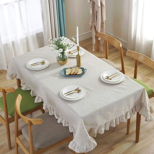 AMZALI Cotton Linen Tablecloth Flounces Fabric Dust-Proof Table Cover for Kitchen Dinner Picnic Table Cloth Tabletop Buffet Home Decoration (Rectangle/Oblong, 55 x 70 Inch, Linen)
