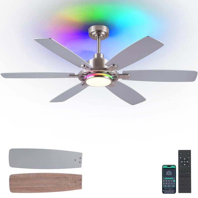 SHIHOT 54" RGB Ceiling Fans with Lights and Remote/APP,Modern Led Ceiling Fans with Quiet Reversible DC Motor,Sand Nickel