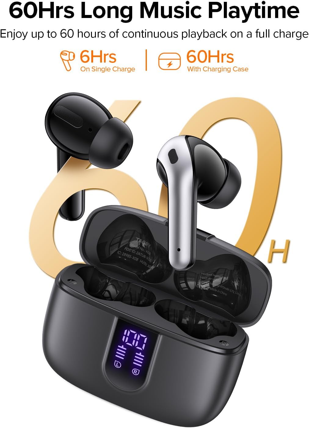 TAGRY Bluetooth Headphones - True Wireless Earbuds with 60H Playback & LED Power Display | IPX5 Waterproof, Charging Case Included