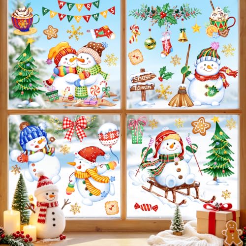 Supzone Christmas Snowman Window Clings Winter Snowflake Xmas Tree Holiday Decals - Pack of 9
