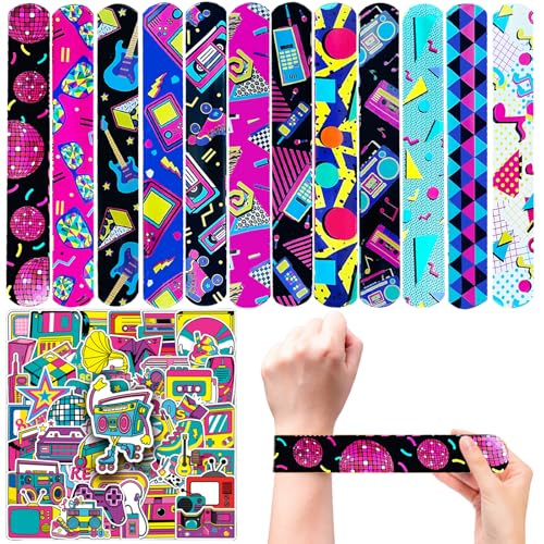 74-Piece 80s Party Favors Set: 24 Retro Slap Bracelets & 50 Stickers