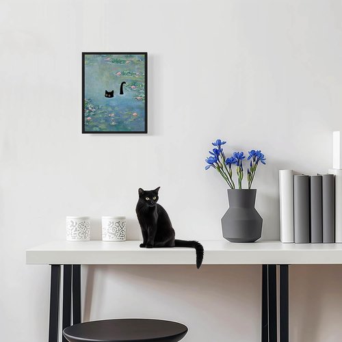 Hamduker Funny Black Cat Wall Art, Monet Art Water Lily Cat Wall Art Decor, Preppy Aesthetic Cat Posters for Bedroom Bathroom Living Room (Size: 16''x20''x1pcs)