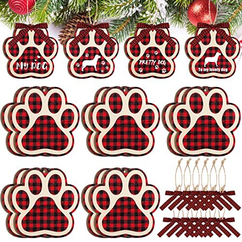 Maitys Red & Black 12-Pack Christmas Dog Paw Wooden Ornaments with Bow Ties for Holiday Tree Decor