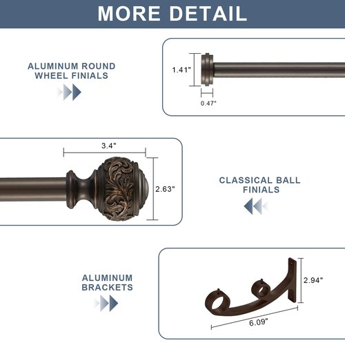 Double Curtain Rod, 1 inch Window Telescoping Drapery Double Rod 72 to 144 Inches (6-12 Feet), Classical Ball Finials,Premium Aluminum Brackets,Antique Bronze