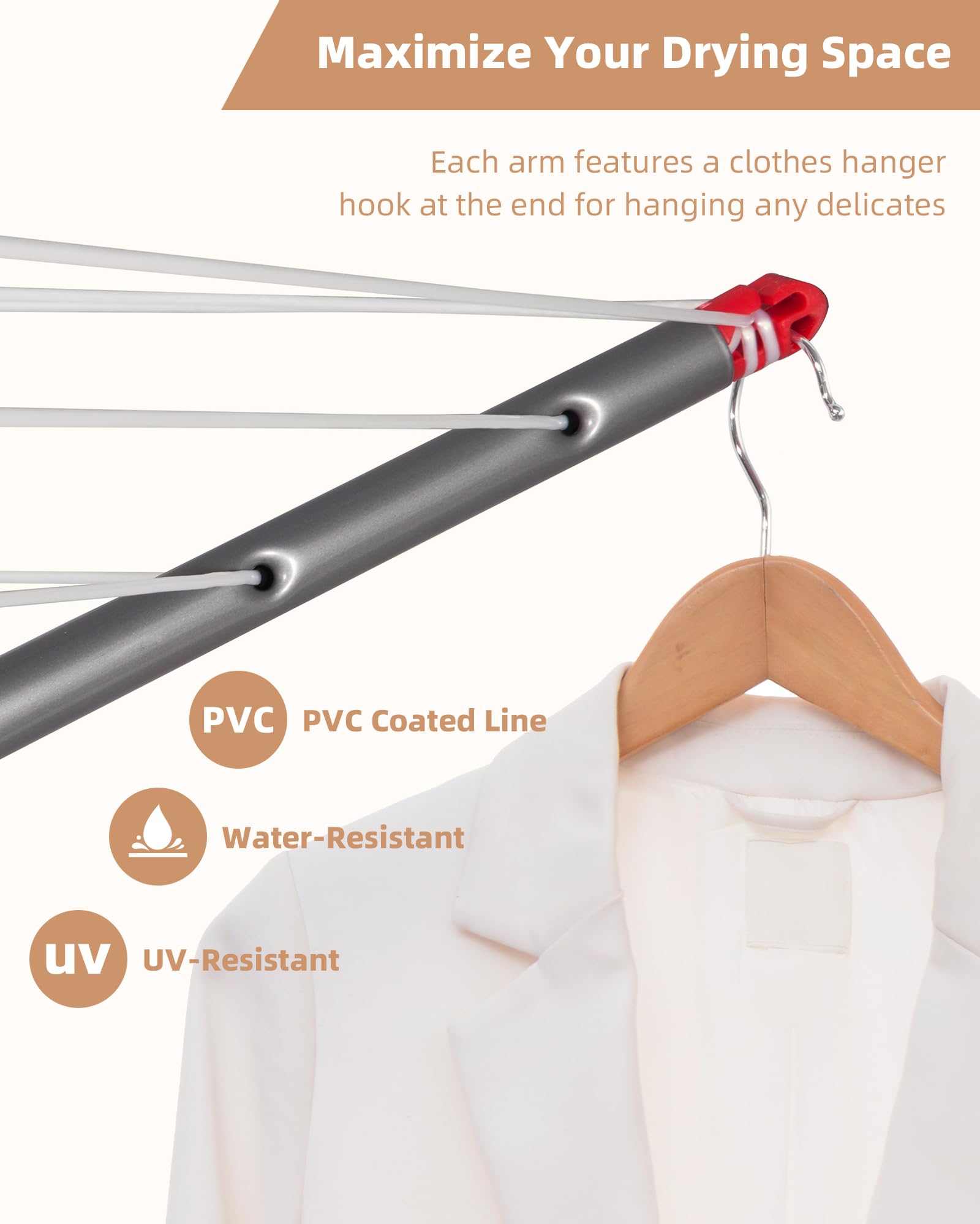 STORAGE MANIAC Portable Umbrella Clothes Drying Rack 8 Lines with 82 Feet Drying Space, Steel Frame & Adjustable Height, 4-arm Umbrella Clothesline for Laundry, Collapsible Indoor & Outdoor Drying