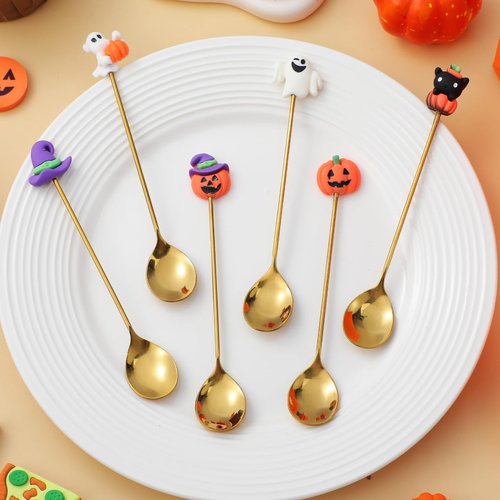 Cabilock 6Pcs Halloween Coffee Spoons, Stainless Steel Dessert Tea Spoons, Halloween Golden Pumpkin Witch Hat Ghost Design, Tableware Serving Utensils for Party and Kitchen