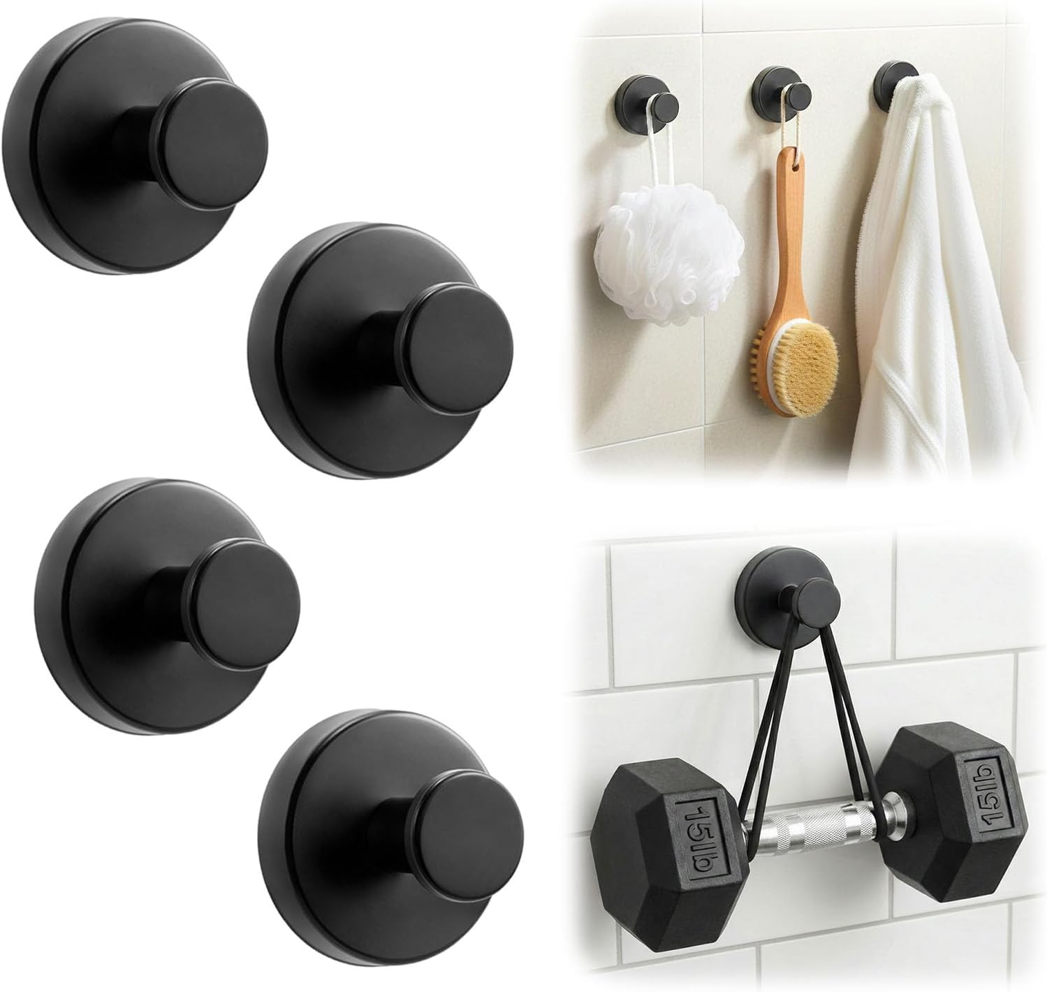 Skiennix Heavy-Duty Suction Cup Hooks - Removable Towel Hooks for Bathroom & Shower | 4 Pack, Black