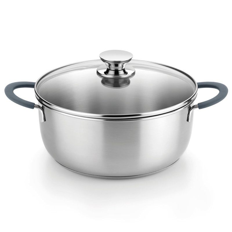 BRA COOKWARE Master Stainless Steel Stock Pot w/Glass Lid | 8 Inch 2.4 Quart Premium 18/10 Cooking Pot | PFAS Free Deep Pot | Silicone Coated Handles | All Cooktops (incl. Induction) | Shiny Finish