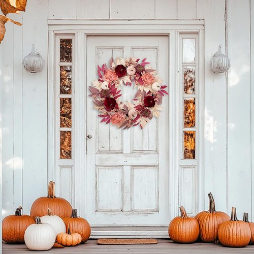 Briful 26" Artificial Fall Wreath with Velvet Pumpkins, Chrysanthemums & Pink Maple Eucalyptus Leaves – Soft Blush Autumn Wreath for Front Door, Fireplace, Wall Decor