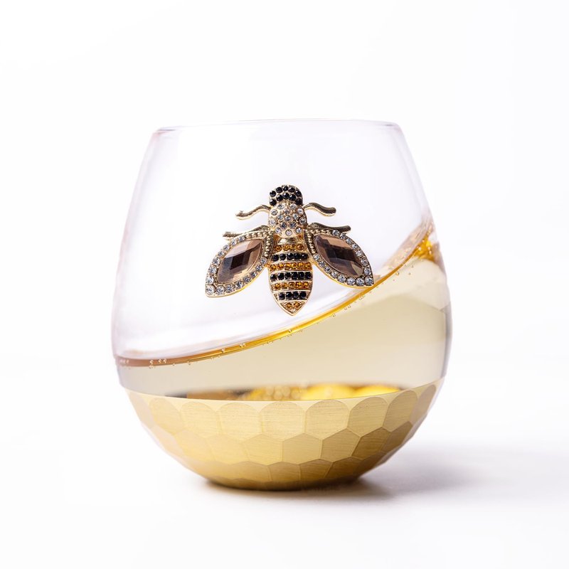 Modern Outlet Home Decor Honey Bee Stemless Wine Glasses - Set of 2 Luxury Crystal Glassware with Jeweled Honey Bee - Unique Wine Lover Gifts for Women - Tumbler for Cocktails, Red, or White Drinks