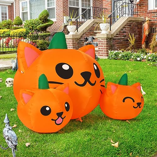 5ft Halloween Inflatable Pumpkin Cat Heads with Built-In LED Lights