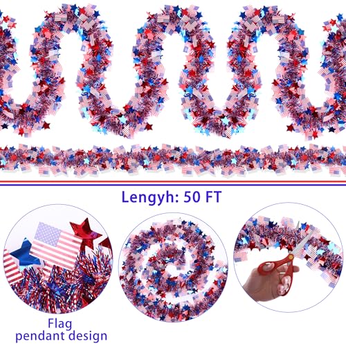 50FT Patriotic Tinsel Garland with Red White & Blue Stars for 4th of July