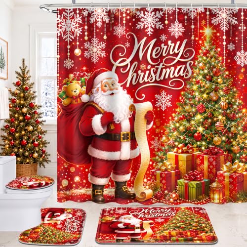 Ruikyhom Christmas Bathroom Sets with Shower Curtain & Rugs - Red Gold