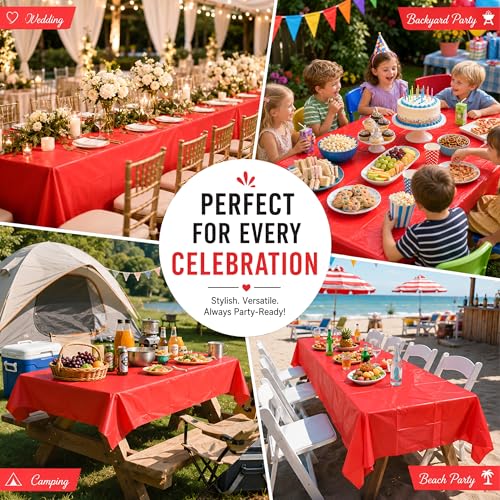 Red Disposable Tablecloths 54 x 108 in, 2 Pack Plastic Rectangular Covers for Parties