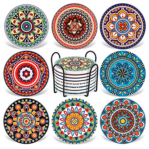 AODINI Mandala Drink Coasters Set of 8 with Cork Base - Absorbent Ceramic Table Decor