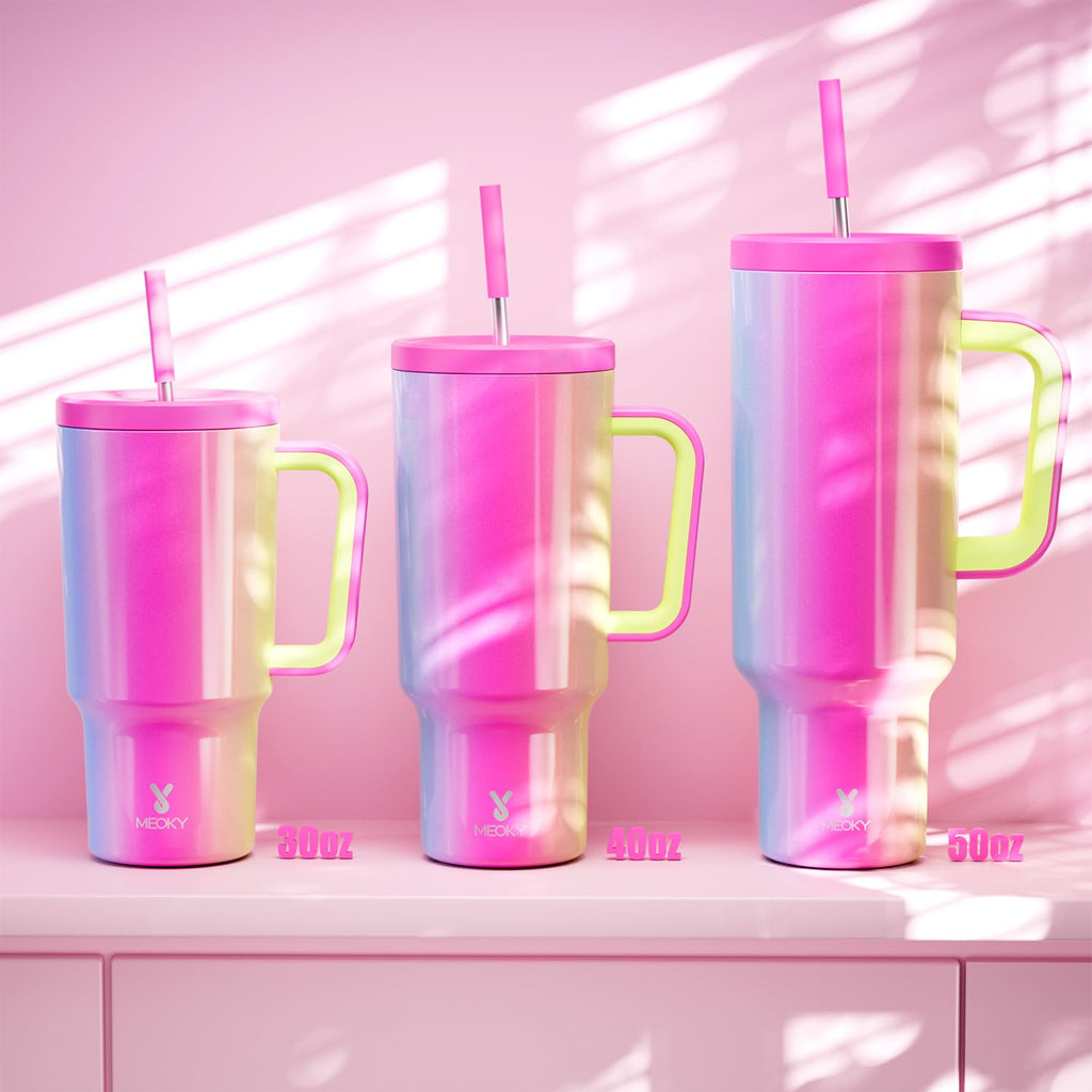 Meoky 30 oz Tumbler with Handle, Tumbler with Lid and Straw, Insulated Stainless Steel Travel Mug, 100% Leak-proof, Cupholder Friendly, Keeps Cold for 24 Hours or Hot for 8 Hours (Carnival)