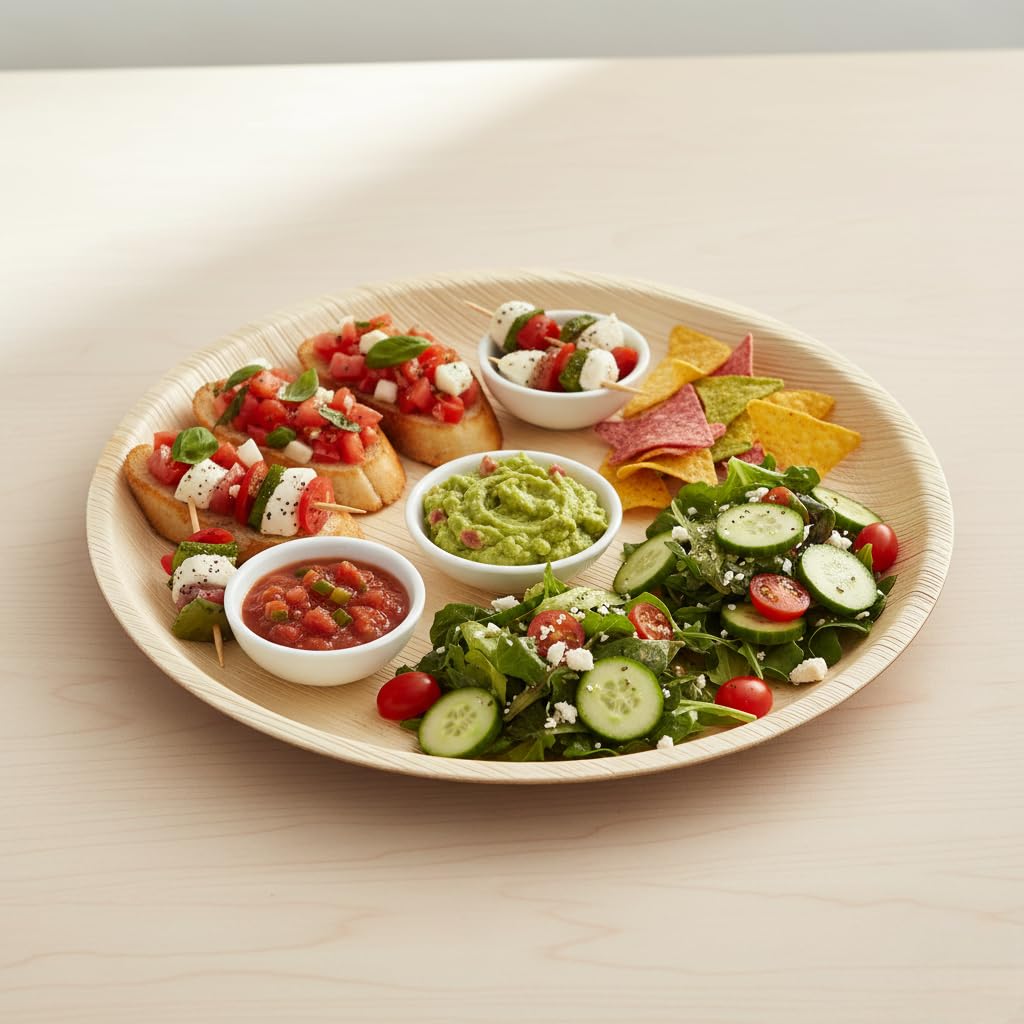 Charity Leaf Disposable Palm Leaf 14" Round Trays (10 pieces) Bamboo Like Serving Platters, Disposable Boards, Eco-Friendly Dinnerware For Weddings, Catering, Events