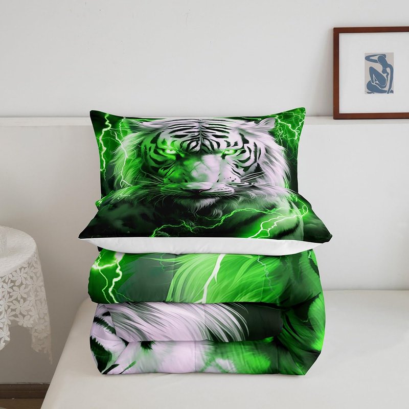 Castle Fairy 3D Tiger Comforter Set Queen Size,Neon Green Lightning Bedding Set White Black Tiger Wild Animals Quilt Set 3Pcs for Kids Boys Teens Adult Room Decor, Duvet Insert,2 Pillowcases