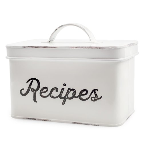 AuldHome Design Rustic White Recipe Box; Enamel Farmhouse Recipe Holder and Organizer for 4 x 6 Inch Recipe Cards