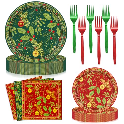 Holly Leaf Red Berry Christmas Paper Plates & Napkins Party Set - Serves 24