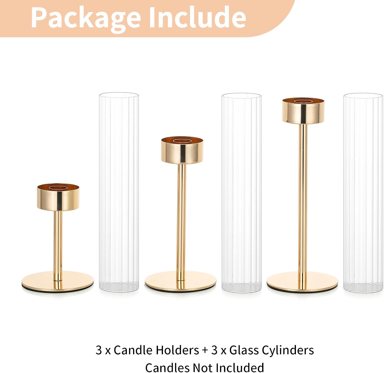 NUPTIO Tall Candlestick Holders - Elegant Hurricane Candle Holders with Ribbed Glass Sleeve | Gold Metal Set of 3 for Table & Fireplace Decor
