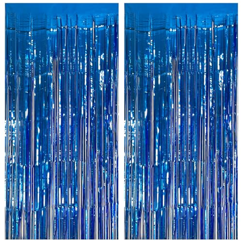 K.E.J. Blue Foil Fringe Curtains 2-Pack - Metallic Tinsel Party Backdrop