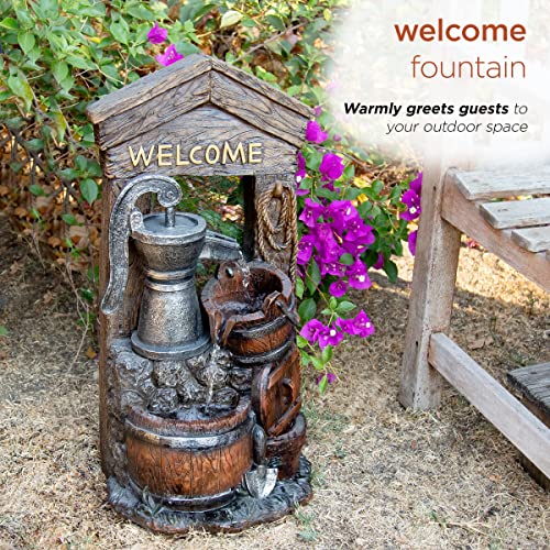24-Inch Rustic Barrel Floor Fountain with Welcome Sign - Indoor Outdoor