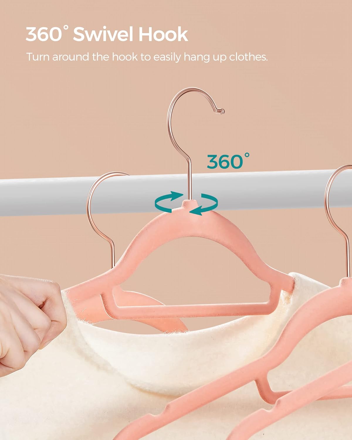 SONGMICS Velvet Hangers - Non-Slip Rose Gold Swivel Hook - Space-Saving Set of 50 - Coral Pink, 17.1-Inch Long