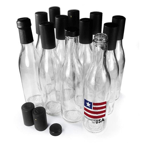 PATRIOT CREATIVE Woozy Bottles Empty 12 Oz Complete Sets of Premium Commercial Grade Clear Glass Dasher Woozy Bottle Shrink Capsule with Gold Tear Tab Leak Proof Screw Cap (Black 12 Sets) - 12 oz