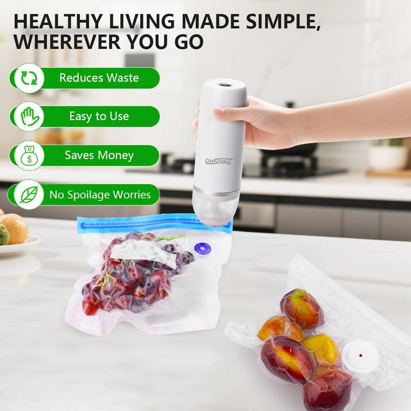 DHSDING Handheld Vacuum Sealer for Food – Portable Mini Food Saver with 10 Reusable BPA-Free Bags – Compact Vacuum Sealer Machine for Sous Vide, Meal Prep & Food Storage