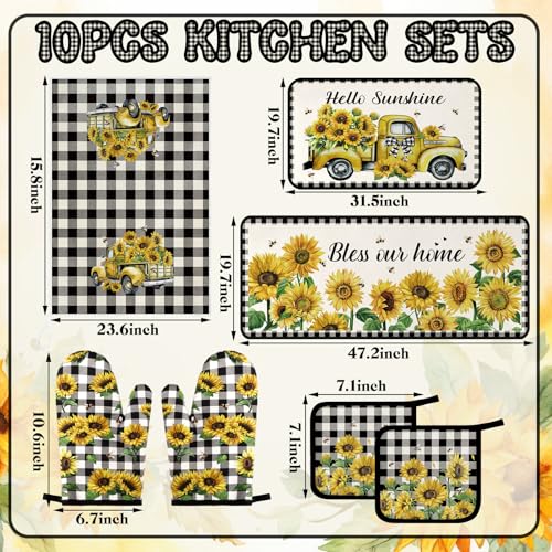 10-Piece Sunflower Kitchen Decor Set: Oven Mitts, Pot Holders, Rugs, Towels