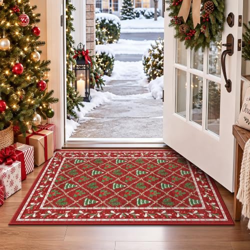 Yarooge 2' x 3' Christmas Red Area Rug - Non-Slip Holiday Foyer and Hallway Decor
