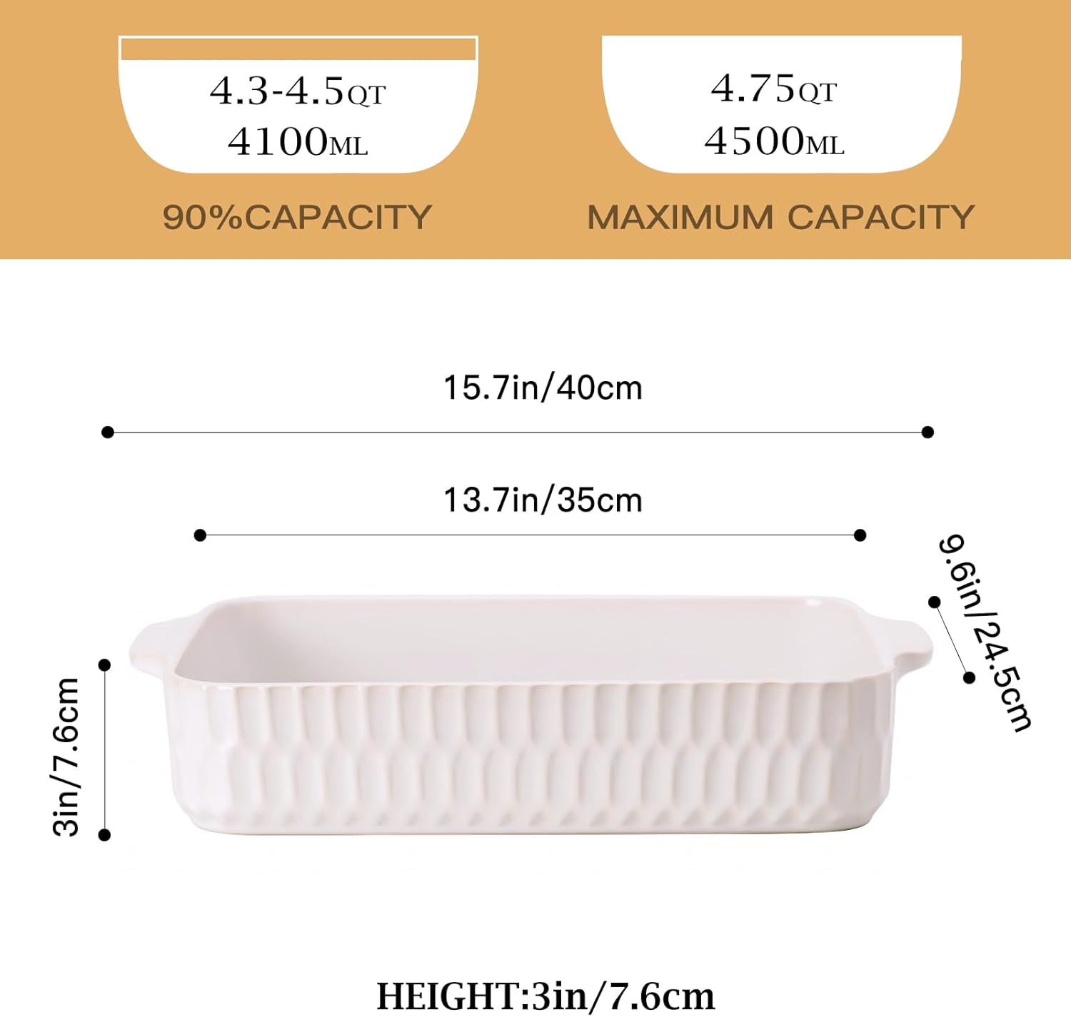 Regine Switzerland 4.7QT Casserole Dish - Large 9x13” Ceramic Baking Pan with Handles for Easy Serving
