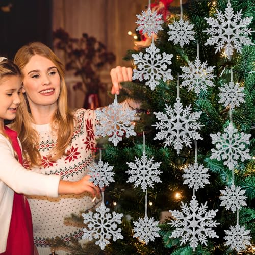 Eokeanon 48-pc Glitter Snowflake Ornaments Set - 2 Styles, 3 Sizes, Silver, Includes 36pcs Size Varies (36pcs Silver variant) Christmas Decorations