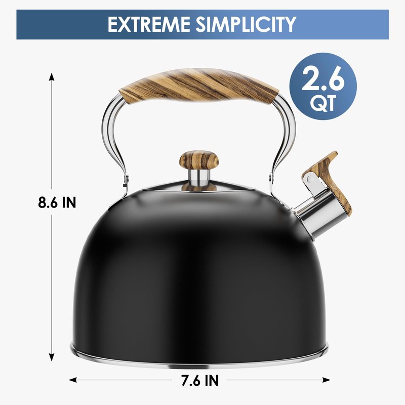 Chefbar 4.2 Quart Tea Kettle Stovetop Whistling for Stove Top Food Grade Stainless Steel Tea Kettles with Cool Wood Pattern Handle Black