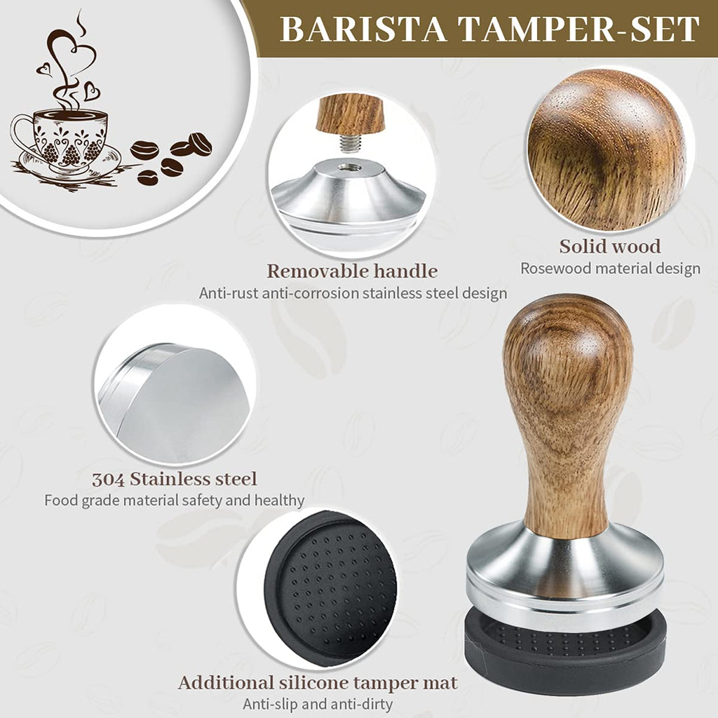 Ezebesta 58mm Coffee Tamper Espresso Press with Tamper Mat Tamper with 304 Stainless Steel Base Wooden Handle Barista Espresso Machines Accessory (58mm)