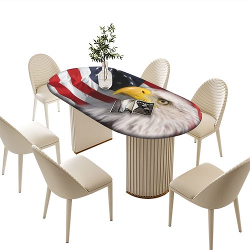4th of July Oval Fitted Tablecloths, American Bald Eagle on American Flag Elastic Edged Table Covers, Fits Tables up to 48" x 68", Windproof Table Cloths for Indoor Restaurant Outdoor Dining Decor