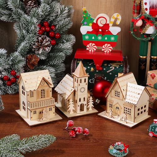 3-Piece LED Christmas Village Houses, Unfinished Wooden Rustic Decor
