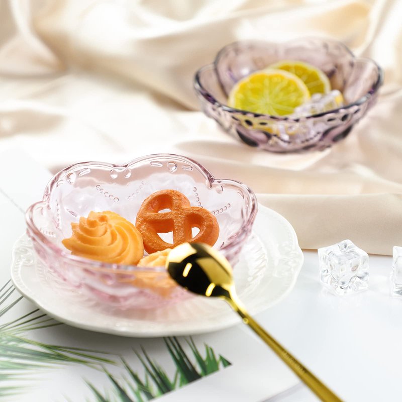 CHOOLD 4pcs Vintage Romantic Glass Sakura Shape Heart Embossed Dessert Bowl - Ice Cream, Trifle, Salad Dish - Purple, 8oz
