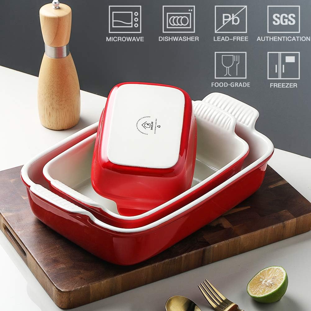 Sweejar Ceramic Baking Pans Set - Durable 9x13 Rectangular Casserole Dishes with Handle | 3-Piece Bakeware Set (Red)