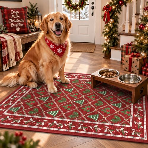 Yarooge 2' x 3' Christmas Red Area Rug - Non-Slip Holiday Foyer and Hallway Decor