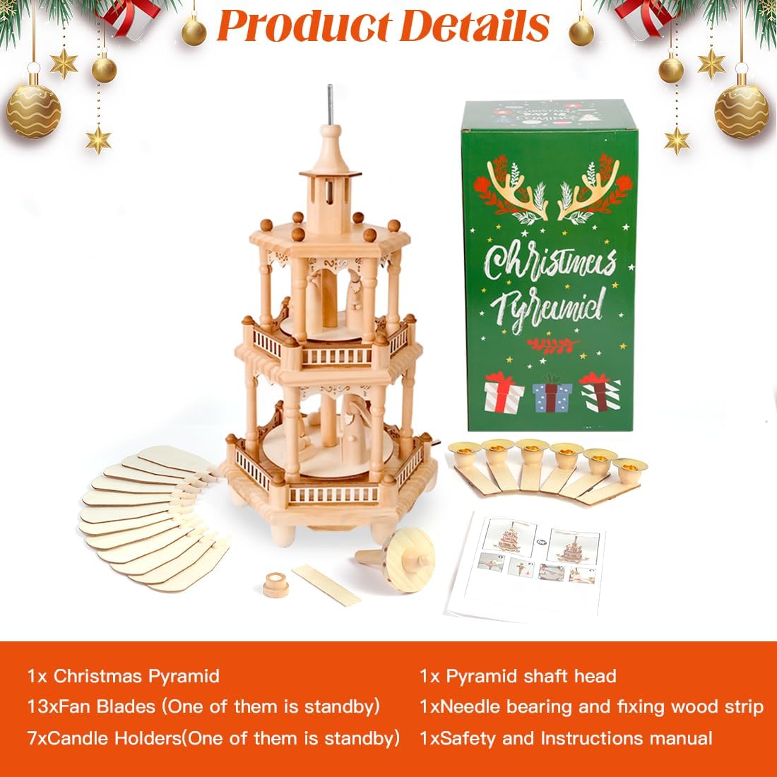 Rotating Christmas Pyramids | 17-Inch Wooden Nativity Scene with 6 Candle Holders - 3-Tier Carousel