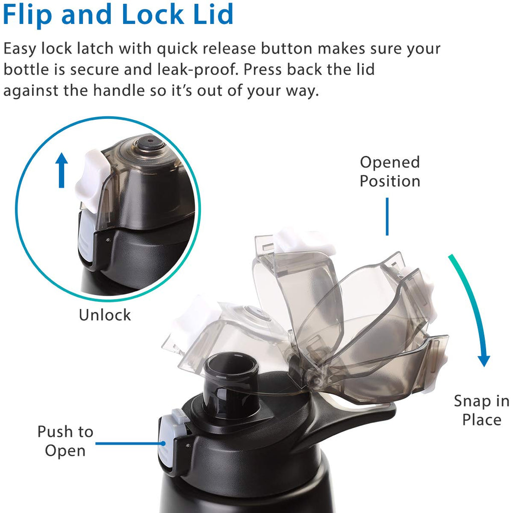 Cupture Action Water Bottle Flip Top with Handle - 22oz Stainless Steel Vacuum-Insulated (Black)