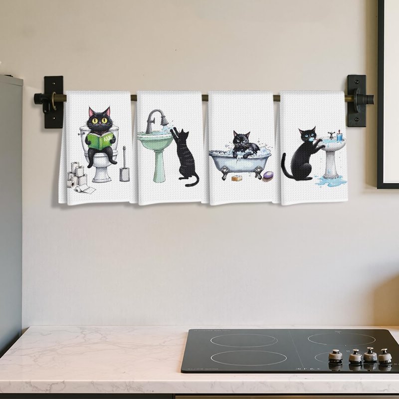 Hanamiya Na 4 Pcs Funny Cat Hand Towel for Bathroom 24x14 Inch, Funny Absorbent Microfiber Dish Cloth Towel, Waffle Weave Hand Towels for Toilet Home Cats Bathroom Decor, Cat Lover Gifts