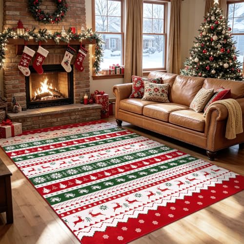 U'Artlines 6 x 9 ft Colorful Christmas Area Rug - Tree Deer Bell, washable